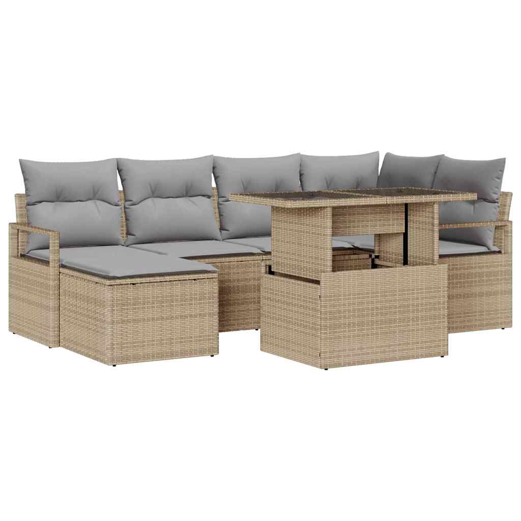 Garten-Sofa-Set mit Speicher 7 pcs Beige Poly Rattan